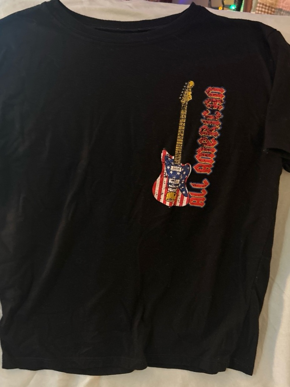 Black Graphic Tee with American Flag Guitar